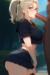 1boy 1girls ai_generated artcalypse dark-skinned_male fellatio glasses imu_(senran_kagura) interracial looking_at_viewer miniskirt outdoors penis sailor_uniform school_uniform senran_kagura skirt