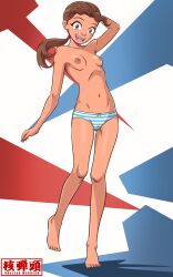 blue_striped_panties brown_hair brown_nipples brown_skin dolores_(mini_beat_power_rockers) mini_beat_power_rockers nuclear_warhead