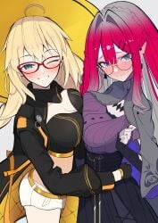 2girls absurdres aesc_(9th_anniversary)_(fate) aesc_(fate) ahoge baobhan_sith_(fate) baobhan_sith_(swimsuit_pretender)_(fate) baobhan_sith_(swimsuit_pretender)_(second_ascension)_(fate) belt black_gloves black_nails blonde_hair blue_eyes blush braid breast_press breasts cleavage crop_top fate/grand_order fate_(series) glasses gloves gold_belt grin hand_on_another&#039;s_waist happy hat highres hug long_hair long_sleeves looking_at_viewer low_twin_braids micro_shorts mother_and_daughter multiple_girls nervous nervous_sweating official_alternate_costume one_eye_closed orange_belt pale_skin pink_hair pointy_ears red-framed_eyewear round_eyewear shorts sidelocks smile striped_belt sweat symmetrical_docking twin_braids uriuriyukitti white_shorts witch_hat