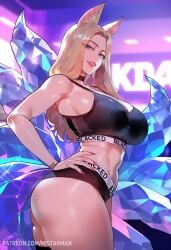 1girls ahri ai_generated ass bare_arms bare_legs bare_shoulders bare_thighs big_breasts blacked blacked_clothing blonde_hair blue_eyes blush clothed clothing color female female_focus female_only fox fox_ears fox_girl fox_tail hi_res k/da_ahri k/da_series large_breasts league_of_legends light-skinned_female light_skin long_hair looking_at_viewer mistarman solo solo_female tagme thick_thighs