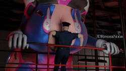 1boy 1girls 3d 3drendernoob blender_(software) breast_smother breasts_bigger_than_head cleavage cleavage_cutout d.va giantess hana_song huge_breasts overwatch police_uniform scrag_d.va video_game_character