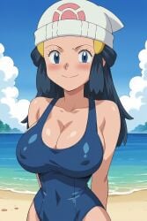 ai_generated aindroidparanoid beach blue_eyes blue_hair blue_swimsuit covered_nipples dawn_(pokemon) happy huge_breasts large_breasts outdoors pokemon sensual smile stable_diffusion