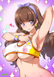 amanogawa_kirara blush breasts brown_hair clothing erect_nipples erect_nipples_under_clothes go!_princess_precure joy_ride large_breasts pointy_chin precure pretty_cure purple_eyes tagme