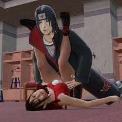 1girl1boy asian asian_female big_penis clothed_sex crossover grabbing_legs ground io_shirai iyo_sky legs_up looking_at_viewer naruto pleasure_face straight thick_thighs thigh_sex uchiha_itachi wrestling wwe