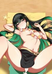 after_sex artist_request beach black_hair blush breasts cum cum_drip cum_in_pussy cum_inside exhibitionism green_hair grey_eyes lying public_sex punishing:_gray_raven qu_(all_tomorrows) qu_(punishing:_gray_raven) robot_girl sand swimsuit topless towel very_long_hair