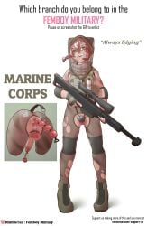 1boy androgynous boots buttplug catheter chastity_cage chastity_device edging femboy full_body gun male military nimbletail red_eyes solo solo_male sounding tights torn_clothes torn_legwear torn_pantyhose trap urethral urethral_insertion