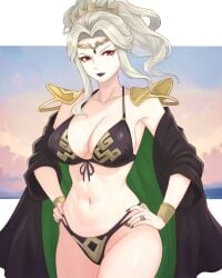 1girls alternate_costume beach bikini black_bikini black_cape black_eyeliner black_lips black_swimsuit breasts cape circlet cleavage eyeliner eyeshadow female female female_only fire_emblem fire_emblem_heroes green_cape green_eyes grey_hair highres large_breasts letizia_(fire_emblem) lipstick looking_at_viewer makeup multicolored_cape multicolored_clothes navel nintendo ponytail smile solo swimsuit truejekart