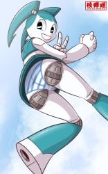 ass blue_panties blue_stripes cameltoe from_below jenny_wakeman looking_at_viewer looking_down miniskirt mlaatr nuclear_warhead panties peace_sign robot_girl robot_humanoid skirt striped_panties underwear upskirt xj-9