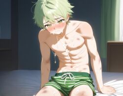 1boy after_rape ai_generated bed bedroom blossomtea blush boxers bruises bulge collarbone crying crying_with_eyes_open cum cum_on_torso curtains edited_image eyebrows eyebrows_visible_through_hair genderswap_(ftm) green_boxers green_eyes green_hair light_green_eyes light_green_hair navel nipples raped_male rule_34-tan rule_34_(booru) rule_63 self_edit self_upload sitting_on_bed solo solo_male striped_boxers tears white_stripes yodayo