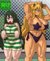 2girls big_breasts bikini blue_eyes cleavage freckled_skin freckles long_hair looking_at_another my_hero_academia one-piece_swimsuit orange_body original_character public_pool shosho_oekaki size_difference swimsuit thick_thighs tongue_out tsuyu_asui