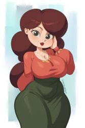 2024 angie_diaz ass big_breasts breasts brown_hair cleavage clothed clothing female female_only fully_clothed green_eyes hair hand_on_own_cheek lipstick long_hair looking_at_viewer mature_female milf postblue98 solo standing star_vs_the_forces_of_evil tagme thick_thighs wide_hips