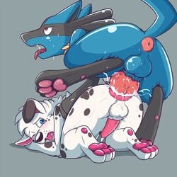 anal anal_sex anus balls blue_eyes canine commissionedbutts cum cum_in_ass cum_inside interspecies knot looking_back lucario male mammal nintendo one_eye_closed open_mouth orgasm penetration penis pokemon pokemon_(species) prolapse puffy_anus pup1k red_eyes sweat tongue yaoi