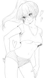 canon_genderswap crop_top female female_only genderswap_(mtf) gintama hand_on_hip hotpants line_art long_hair looking_at_viewer medium_breasts monochrome no_bra okita_sougo okita_souko omochinko ponytail rule_63 short_shorts shorts smile solo t-shirt underboob