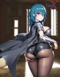 ai_generated big_ass big_butt blue_eyes blue_hair byleth_(fire_emblem) byleth_(fire_emblem)_(female) cape dat_ass female female_focus female_only fire_emblem fire_emblem:_three_houses from_behind hand_on_butt huge_ass huge_breasts large_breasts looking_at_viewer medium_hair nintendo shorts textless textless_version thick_ass thick_thighs tights vermadis2x voluptuous voluptuous_female