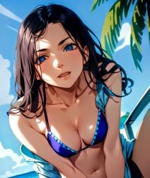 1girls ai_generated artist_request bare_arms bare_midriff beach bikini blue_bikini blue_eyes blue_swimsuit brown_hair character_request cleavage clouds female female_only long_hair medium_breasts nature navel outdoors outside palm_leaf solo source_request swimsuit tagme two-piece_swimsuit