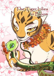 bestiality blue_eyes breasts comic cover feline female flower kung_fu_panda looking_at_viewer mammal master_tigress master_viper nipples plant reptile scalie snake text tiger yellow_eyes yuri zenmigawa zoophilia