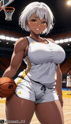 1girls ai_generated basketball basketball_uniform big_breasts black_body female hips original_character stable_diffusion thick_thighs white_hair xceed yellow_eyes