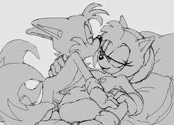 amy_rose anthro areola balls black_nose breasts canine coolblue exposed_torso female footwear fox fur furry furry_only greyscale hairband hairless_pussy handwear hedgehog large_breasts male mammal missionary monochrome multiple_tails nipples open_mouth penis pillow pussy sketch smile sonic_(series) straight tails vaginal_penetration white_background