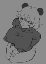 1girls big_breasts bo_(voideyedpanda) clothed female furry greyscale looking_at_viewer looking_up nipple_bulge nipple_piercing nipples_visible_through_clothing panda panda_ears panda_girl sketch solo solo_female sweater tagme thick_thighs voideyedpanda