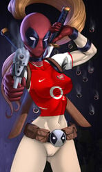 1girls arsenal bottomless female female_only gun handgun katana lady_deadpool marvel mask ponytail soccer solo sword tied_hair wanda_wilson weapon weapons