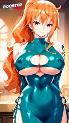 adjusting_panties ai_generated bodycon boosterred99 bridal_gauntlets brown_eyes cameltoe cleavage clothing_cutout covered_navel covered_nipples cutout dress female female_only large_breasts latex_panties long:hair miniskirt nami nami_(one_piece) one_piece orange_hair post-timeskip ring seductive_smile shiny_clothes shoulder_tattoo side-tie_panties side_locks sideboob skirt underboob wavy_hair