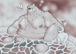 anon anthro balls bathing_together bear belly ben_bigger blush duo erection foreskin genitals hot_spring human male male/male mammal mihoyo moobs navel nipples nude overweight penis pokonuki size_difference water zenless_zone_zero