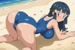 ai_generated aindroidparanoid beach blue_eyes blue_hair blue_swimsuit covered_nipples dawn_(pokemon) doggy_style happy huge_breasts kneeling outdoors pokemon stable_diffusion