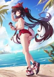 beach black_hair hat honkai:_star_rail hotpants long_hair medium_breasts mitsu_art nipples no_panties pink_eyes sparkle_(honkai:_star_rail)