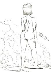 1girls android_18 ass black_and_white dragon_ball_z facing_back nude_female sideboob smoke solo_female thewritefiction