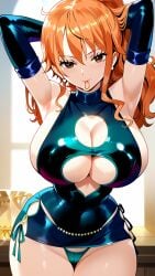 adjusting_panties ai_generated arms_above_head bodycon bridal_gauntlets brown_eyes cameltoe cleavage_cutout clothing_cutout covered_nipples dress female large_breasts latex_panties leaning_forward lips look_at_viewer miniskirt nami nami_(one_piece) navel one_piece orange_hair ponytail ring seductive seductive_smile shiny_clothes side-tie_panties side_locks sideboob small_dress solo underboob visible_panties wavy_hair