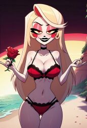 ai_generated beach bedroom_eyes big_breasts bikini black_lips black_lipstick blonde_hair breasts charlie_morningstar_(hazbin_hotel) cleavage fuck_me_eyes half-closed_eyes hazbin_hotel looking_at_viewer red_bikini red_eyes rose_(flower) seductive seductive_look seductive_smile skimpy