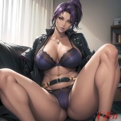 1girls ai_generated belly_button belt big_breasts cjin dark-skinned_female dark_skin highschool_of_the_dead large_ass large_breasts leather_jacket legs_spread lingerie long_hair looking_at_viewer mature_female midriff navel panties pendant purple_hair pussy_visible_through_clothes rika_minami sitting thick_thighs thighs vagina_visible_through_clothing