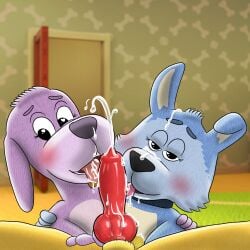 1:1 animal_genitalia animal_penis anthro balls black_nose blue_body blue_fur blurred_background blush bodily_fluids canid canine canine_genitalia canine_penis canis colby_(deltaflame) collar cum cum_on_chin cum_on_face cum_on_head cum_on_tongue deltaflame digital_drawing_(artwork) digital_media_(artwork) domestic_dog door doorway dreamworks ejaculation eyelashes fan_character female first_person_view floppy_ears fur genital_fluids genitals go_dog_go!_(series) group group_sex hand_on_shoulder heart_eyes heart_symbol hi_res hunting_dog knot knotted_penis licking looking_at_viewer looking_away male male/female mammal mature_female maw_barker mother_(lore) netflix oral parent_(lore) penile penis penis_lick purple_body purple_fur sergeant_pooch sex shaded sheath spread_legs spreading teeth terrier threesome tongue tongue_out trio yellow_body yellow_fur