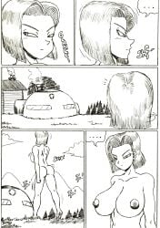 1girls android_18 big_breasts black_and_white breasts dragon_ball_z house nude_female solo_female thewritefiction