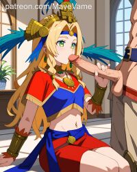 ai_generated balls blonde_hair blowjob blowjob_face cock cock_in_mouth dick_in_mouth earrings fate/grand_order green_eyes licking_penis mave_vame penis_in_mouth quetzalcoatl_(fate) sucking sucking_cock sucking_dick sucking_penis