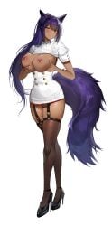 absurd_res animal_ears animal_humanoid animal_tail big_breasts bolero_top bottomwear breasts button_(fastener) canid canine canine_ears canine_tail canis clothing dark_body dark_skin exposed_breasts female footwear garter_belt garter_belt_leggings garter_straps hair heel hi_res high_heels humanoid jackal leg_tattoo legwear mammal nipple_piercing nipple_ring nipples piercing presenting presenting_breasts purple_hair ring_piercing short_sleeves skirt slave slave_tattoo slutty_clothing smile smiling_at_viewer tattoo thigh_highs yellow_eyes