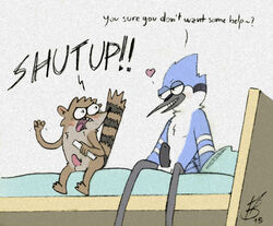 anthro avian bed bird brown_fur cartoon_network duo english_text erection fur furry_ears furry_tail heart holding interspecies male male_only mammal mordecai multiple_males nude open_mouth penis pillow raccoon raised_tail regular_show rigby round_ears sitting size_difference smile sweaciabic tail testicles text tongue yaoi