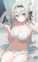 1girls bare_shoulders blue_eyes bra breasts collarbone deyui firefly_(honkai:_star_rail) grey_hair hair_between_eyes honkai:_star_rail honkai_(series) large_breasts lingerie long_hair navel panties smile solo thighs white_bra white_panties