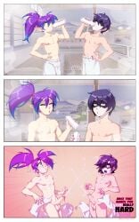 2024 2boys athletic_male balls bathhouse cum cum_inducing_juice cum_on_body jessie_(lapinbeau) lapinbeau long_hair painted_fingernails penis pointy_ears ponytail purple_hair seeing_stars signature skinny tera_tyrant_shadic_(character) toned_male