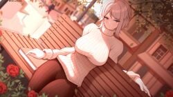 bench blue_eyes book brown_pants casual detailed_background faust_(limbus_company) female flower flowers house limbus_company outside pale pale-skinned_female pale_body pale_skin project_moon rose rose_(flower) sunset sweater tree white_hair white_sweater