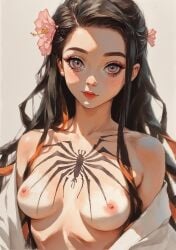 1girls ai_generated black_hair blush breasts collarbone demon_slayer eyelashes female flower hair_flower hair_ornament kamado_nezuko long_hair makeup multicolored_hair nipples self_upload simple_background small_breasts solo spare1632 tattoo upper_body