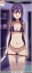 1girls artist_logo artist_name bare_shoulders big_breasts bra breasts doki_doki_literature_club female female_focus holding_knife holding_object holding_weapon kitchen_knife knife long_hair matching_underwear navel panties panties_down pubic_hair purple_bra purple_eyes purple_hair purple_panties purple_underwear pussy thighs underwear underwear_only weapon yuri_(doki_doki_literature_club) 生ドーナツ_donatsu