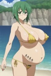 1girls ai_generated areolae beach big_breasts bikini breasts female female_focus female_only gigantic_breasts glasses green_hair hairy_pussy huge_breasts infinite_stratos lactation large_areolae large_breasts looking_at_viewer naked naked_female nude nude_female ocean_background pregnancy_tally pregnant pregnant_belly pregnant_female short_hair smile smiling smiling_at_viewer teacher yamada_maya_(infinite_stratos) yellow_bikini