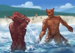 anthro ass athletic athletic_anthro athletic_male balls beach canid canine canis casual_nudity closed_eyes digital_media_(artwork) duo erection fingers foreskin fur genitals humanoid_genitalia humanoid_penis male male/male mammal navel nipples nude open_mouth outside partially_submerged penis rozgi sand smile splashing_water tail teeth tight_foreskin tongue water