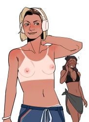 2girls areolae black_hair blonde_hair blush blush_lines companion_(doctor_who) dark-skinned_female doctor_who female female_only green_eyes headphones jodie_whittaker larajenn light-skinned_female nipples small_breasts tan_line tan_lines the_doctor thirteenth_doctor topless yasmin_khan yuri