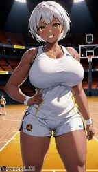 1girl ai_generated basketball basketball_uniform big_breasts black_body hips original_character stable_diffusion thick_thighs white_hair xceed yellow_eyes