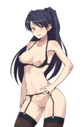 black_bra black_hair breast censored lingerie long_hair nipples ponytail senkou_no_lumina_zenpen:_sennyuu!_saint_alucard_jogakuen thighhighs tied_hair topless yellow_eyes