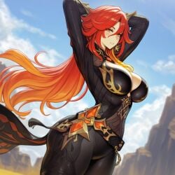 ai_generated ass big_ass big_breasts breasts female female_only genshin_impact long_hair mavuika_(genshin_impact) red_hair simple_background solo solo_female thick_thighs thighhighs thighs