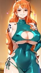 adjusting_panties ai_generated bodycon boosterred99 bridal_gauntlets brown_eyes cameltoe cleavage clothing_cutout covered_navel covered_nipples cutout dress female female_only large_breasts latex_panties long:hair nami nami_(one_piece) one_piece orange_hair post-timeskip ring seductive_smile shiny_clothes shoulder_tattoo side-tie_panties side_locks sideboob skirt underboob wavy_hair