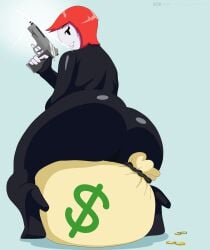 1girls 2d 2d_(artwork) ass big_ass coins ellie_rose female firearm henry_stickmin_(game) high_heels jumpsuit looking_back mob_face money_bag nobytes_(artist) red_hair smiling solo solo_female